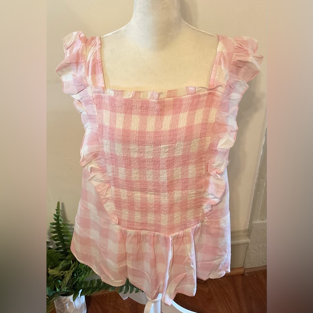 Old Navy PLUS 2X Pink Gingham Smocked Coquette Cottage Beach Peasant NWT